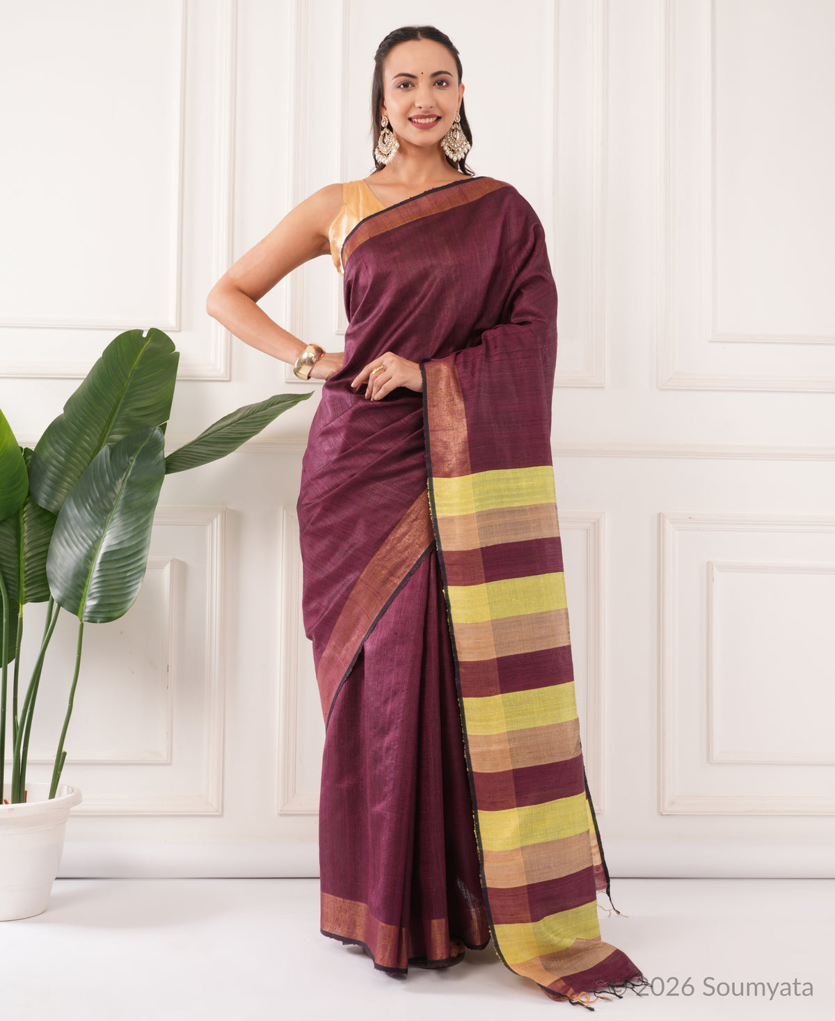 Plum Dupion Silk Saree with Zari Border and Striped Pallu – Bhagalpuri