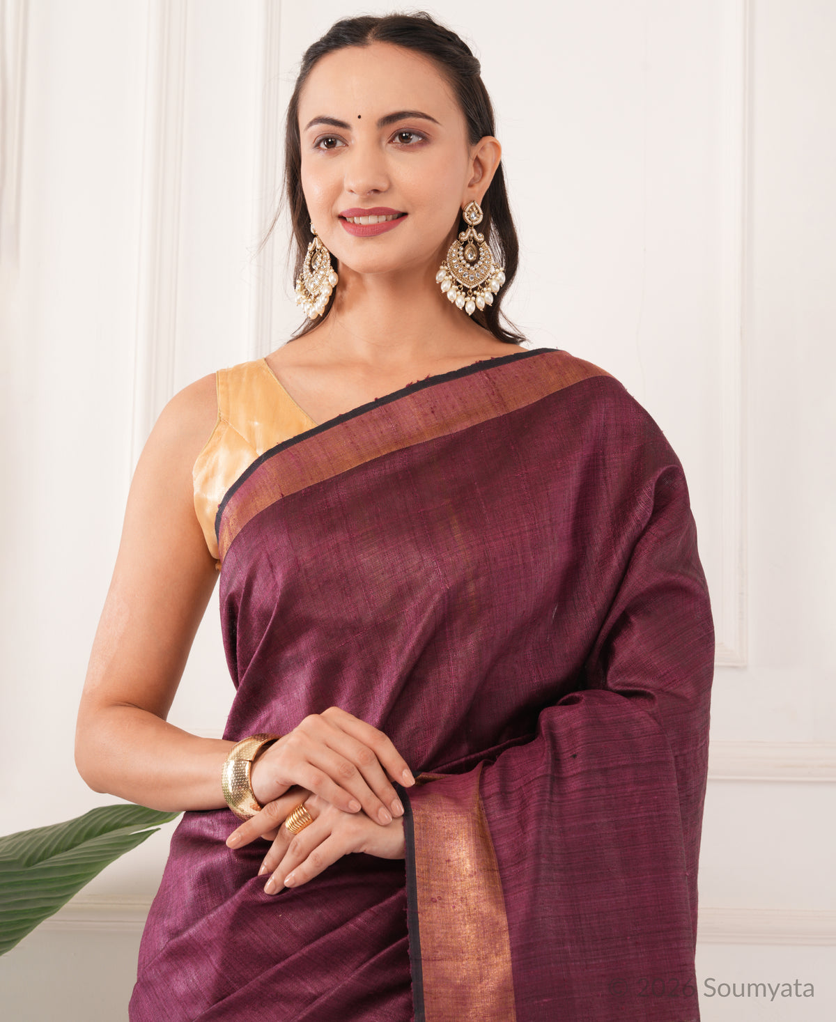 Plum Dupion Silk Saree with Zari Border and Striped Pallu – Bhagalpuri