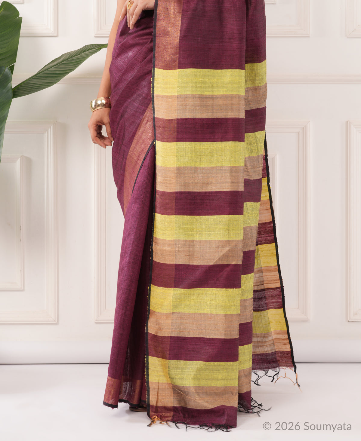 Plum Dupion Silk Saree with Zari Border and Striped Pallu – Bhagalpuri