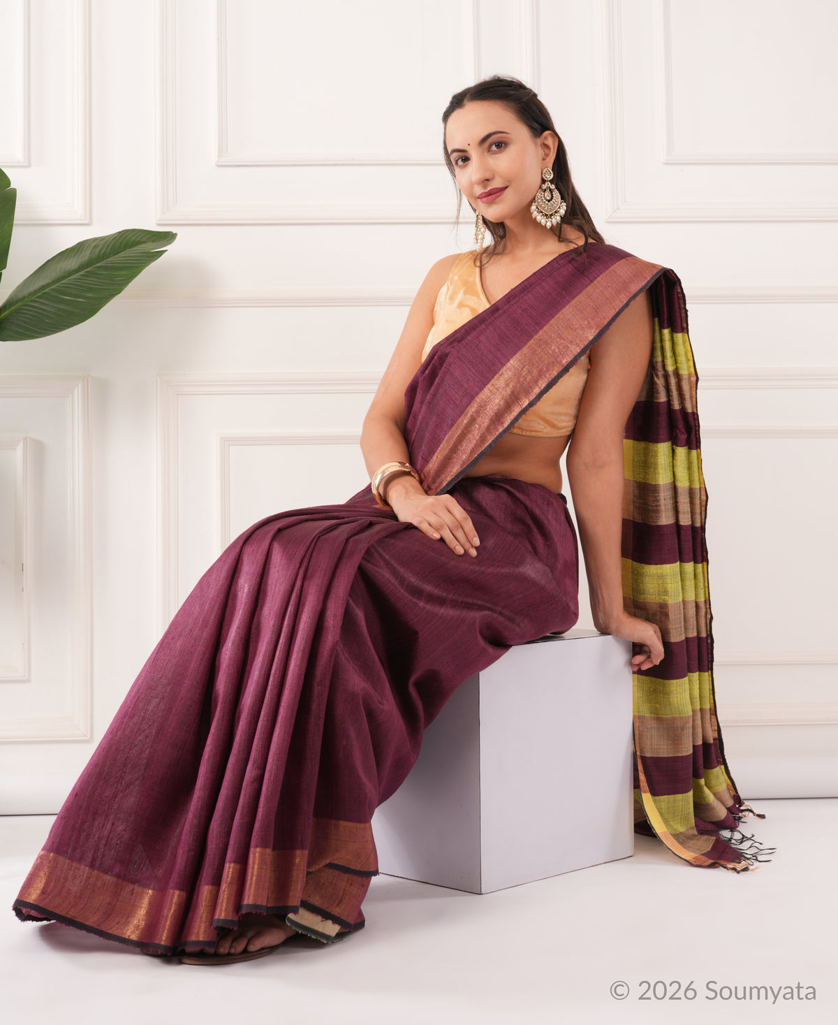 Plum Dupion Silk Saree with Zari Border and Striped Pallu – Bhagalpuri