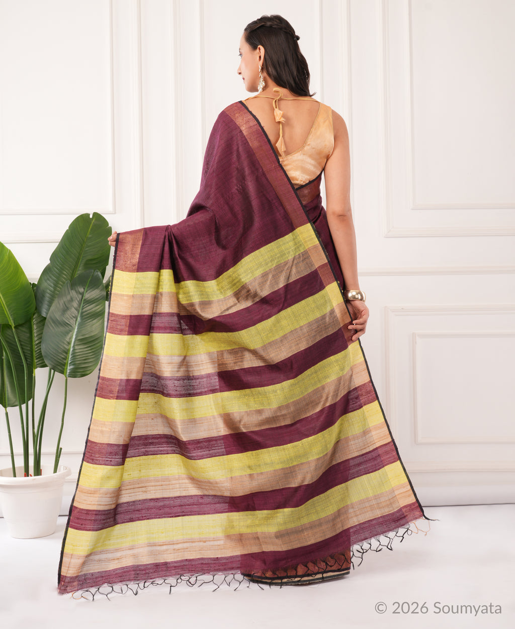 Plum Dupion Silk Saree with Zari Border and Striped Pallu – Bhagalpuri