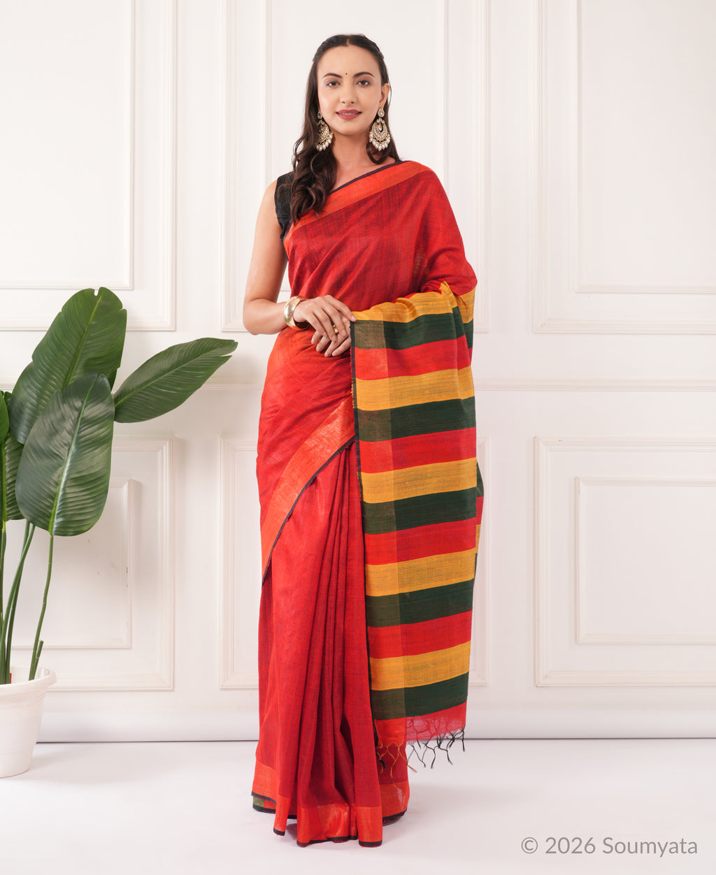 Scarlet Dupion Silk Saree with Striped Pallu – Bhagalpuri Handloom