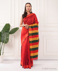 Scarlet Dupion Silk Saree with Striped Pallu – Bhagalpuri Handloom