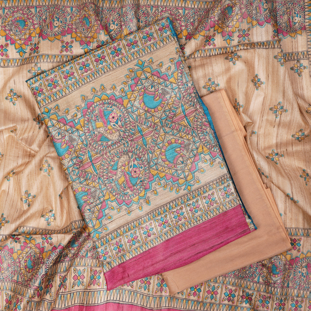 Beige & Magenta Madhubani Print Tussar Ghicha Silk Unstitched Suit