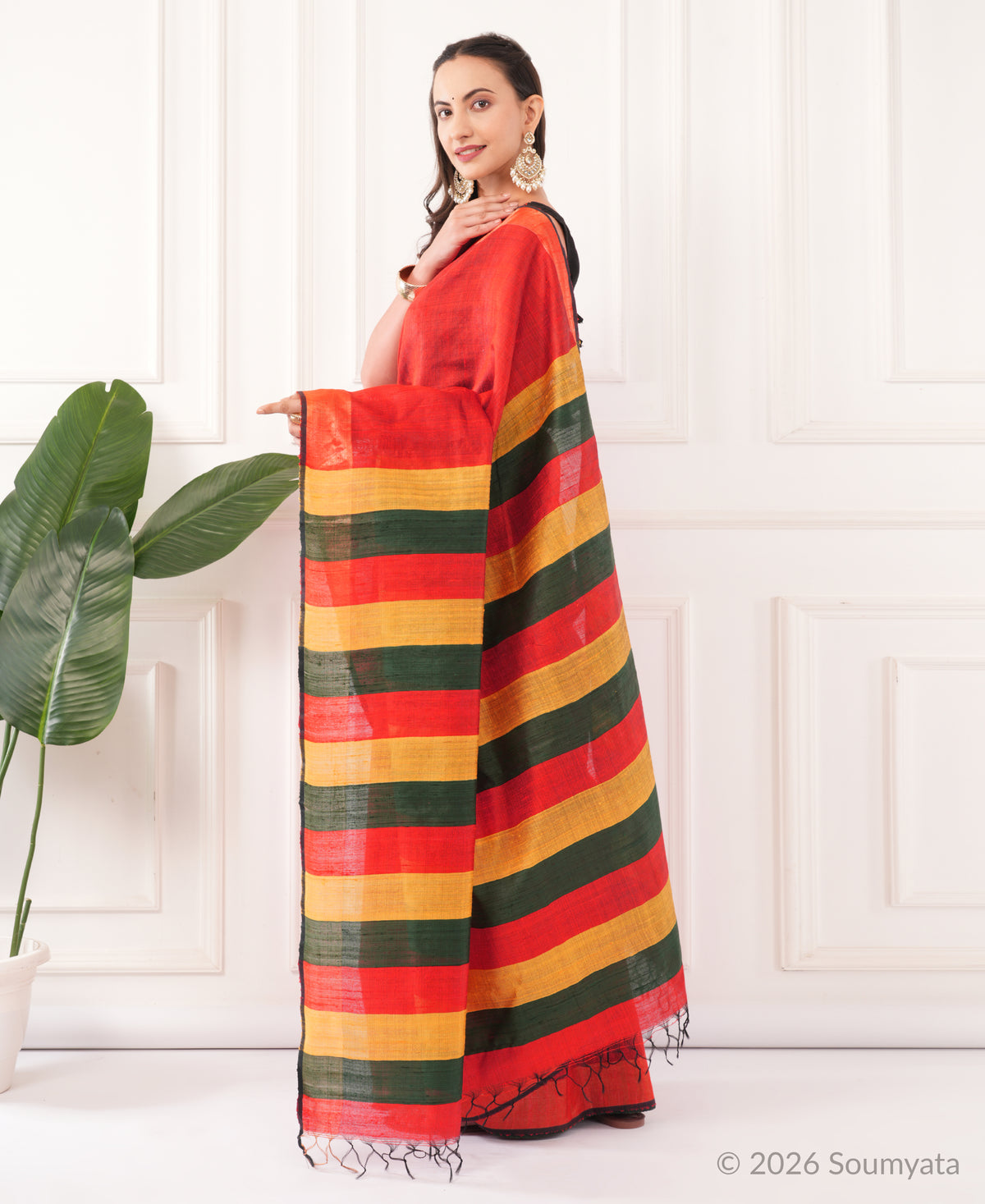 Scarlet Dupion Silk Saree with Striped Pallu – Bhagalpuri Handloom