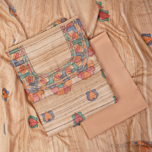 Beige & Multicolour Hand Painted Madhubani Tussar Ghicha Unstitched Suit