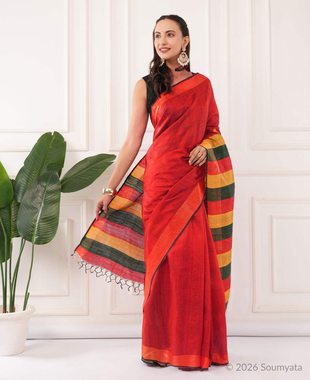 Scarlet Dupion Silk Saree with Striped Pallu – Bhagalpuri Handloom
