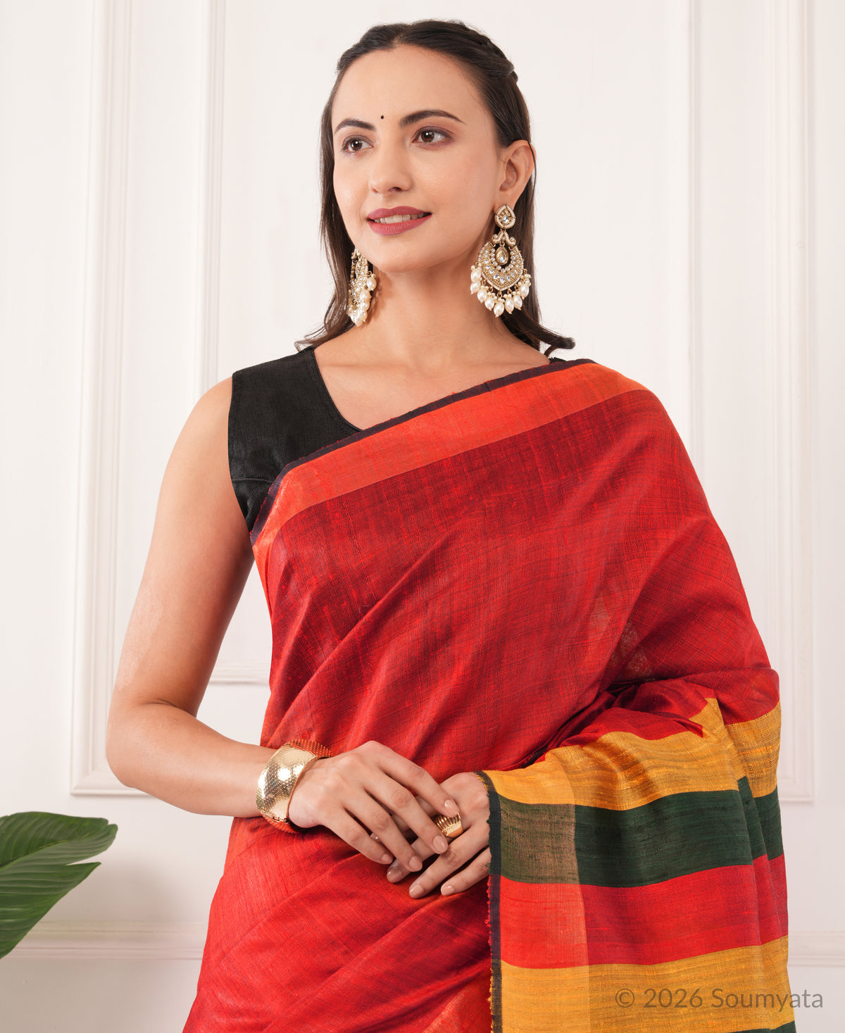 Scarlet Dupion Silk Saree with Striped Pallu – Bhagalpuri Handloom