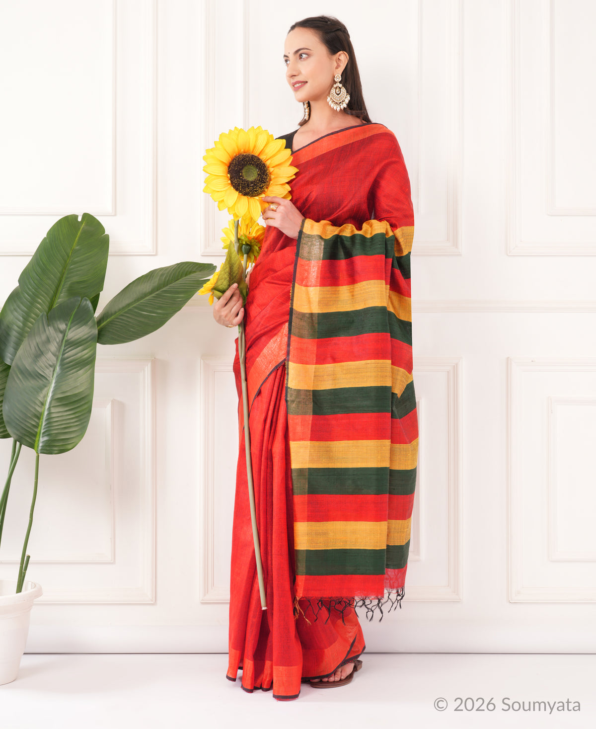 Scarlet Dupion Silk Saree with Striped Pallu – Bhagalpuri Handloom