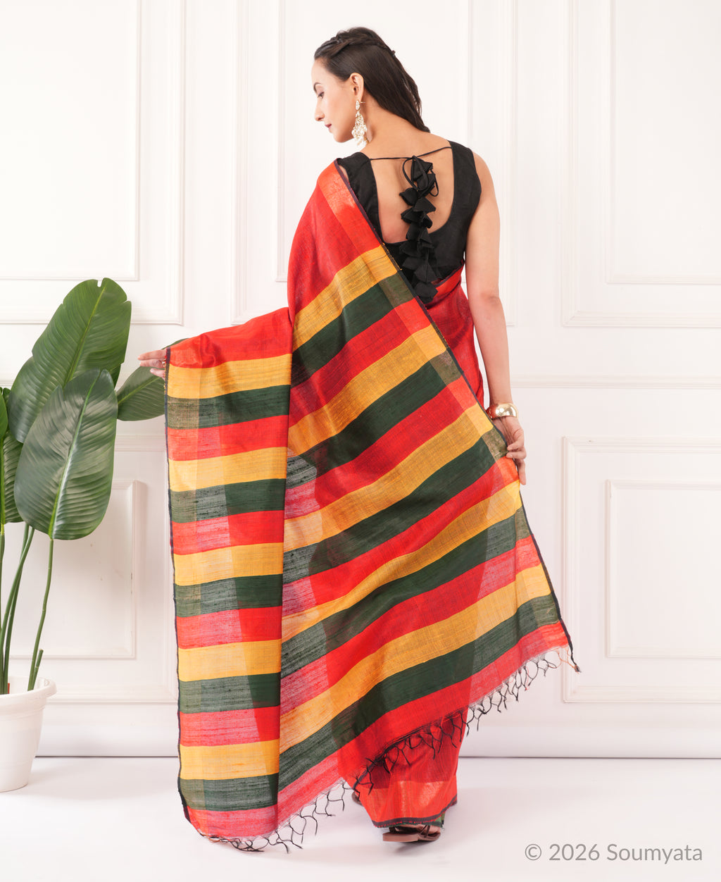 Scarlet Dupion Silk Saree with Striped Pallu – Bhagalpuri Handloom