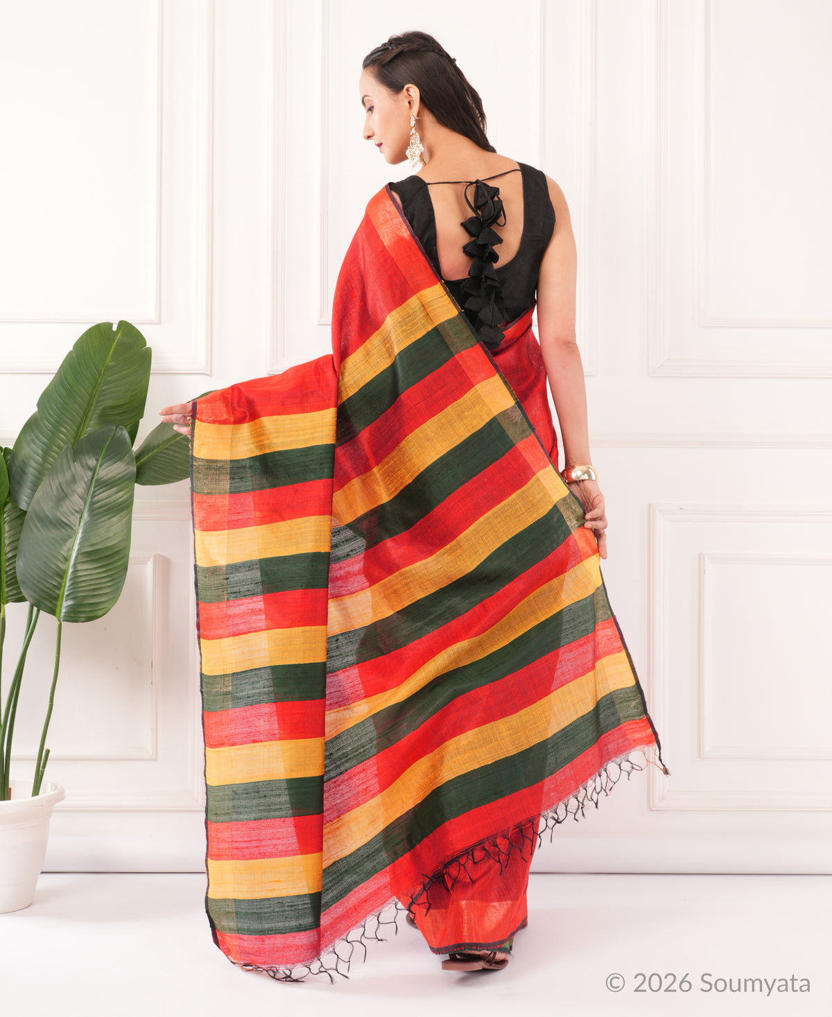 Scarlet Dupion Silk Saree with Striped Pallu – Bhagalpuri Handloom