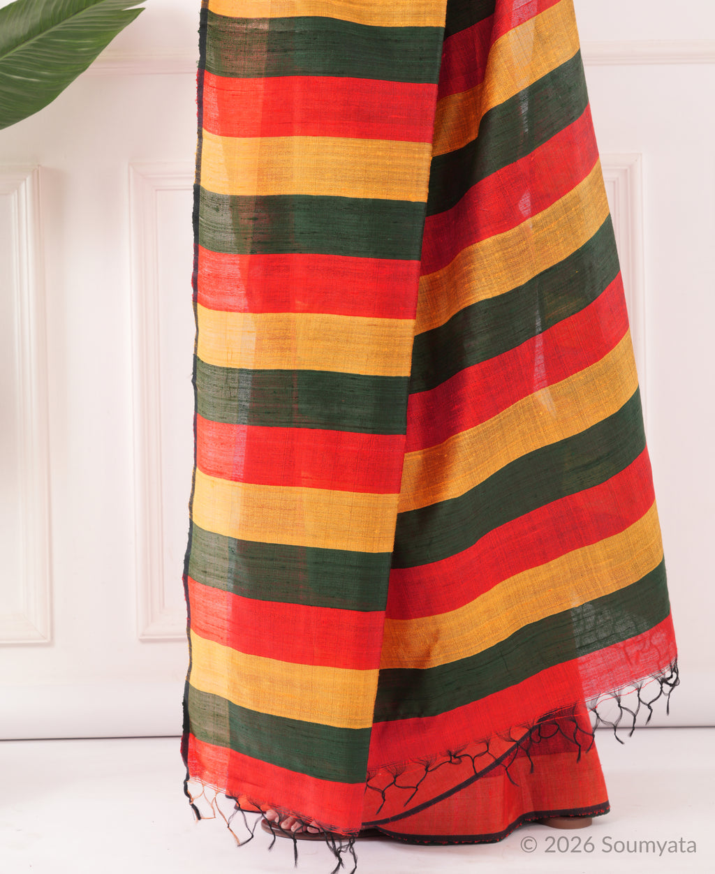 Scarlet Dupion Silk Saree with Striped Pallu – Bhagalpuri Handloom