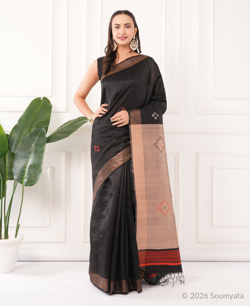 Black Dupion Silk Saree with Zari Border and Woven Pallu – Bhagalpuri