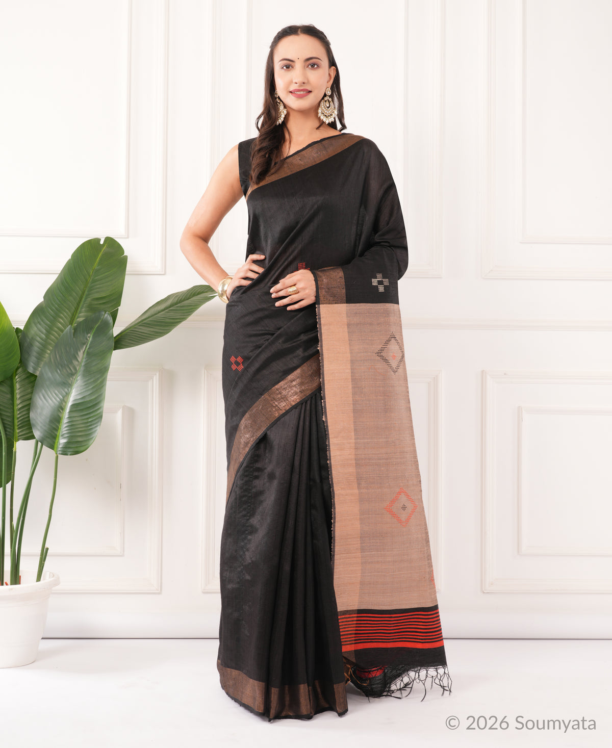 Black Dupion Silk Saree with Zari Border and Woven Pallu – Bhagalpuri