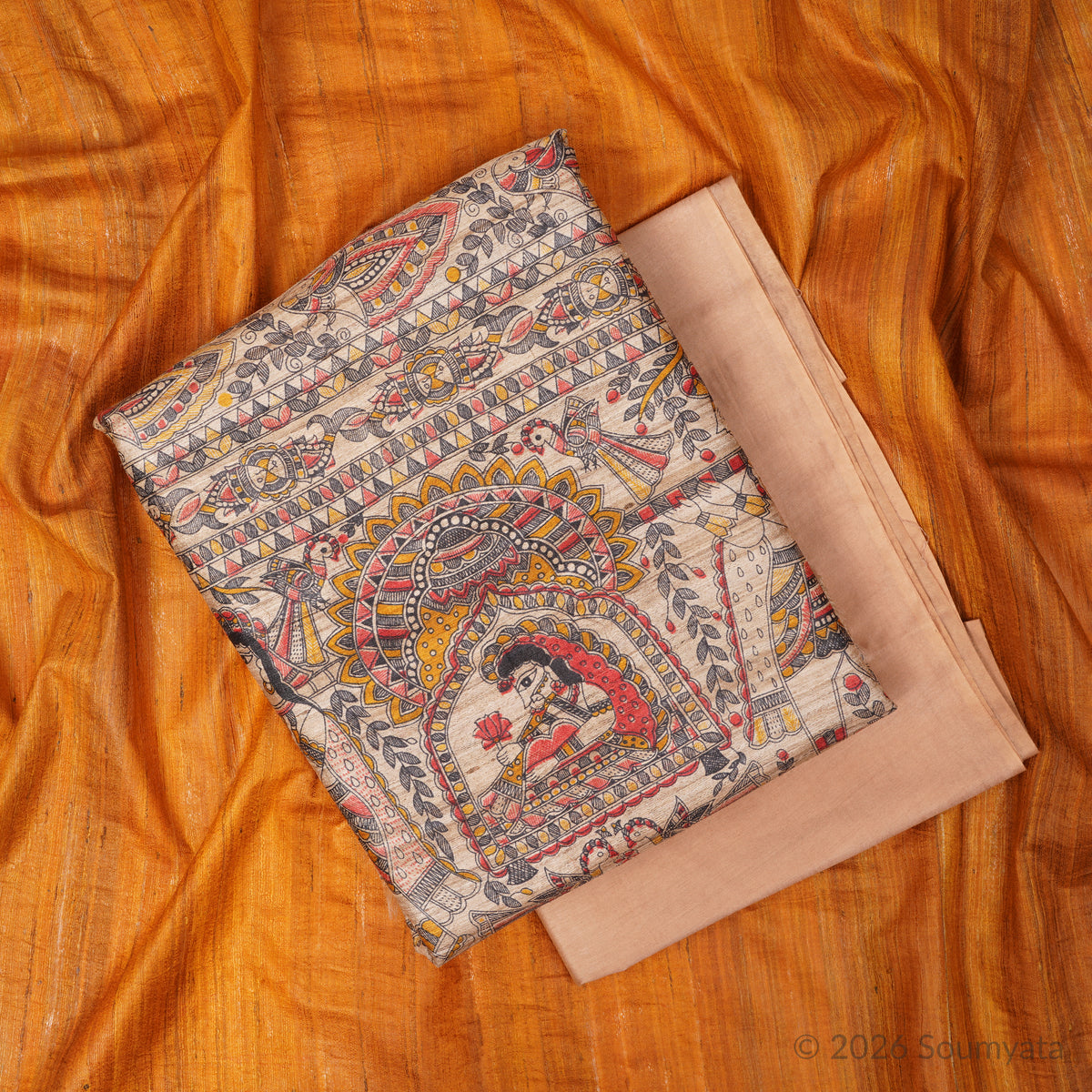 Marigold & Beige Madhubani Print Tussar Ghicha Silk Unstitched Suit