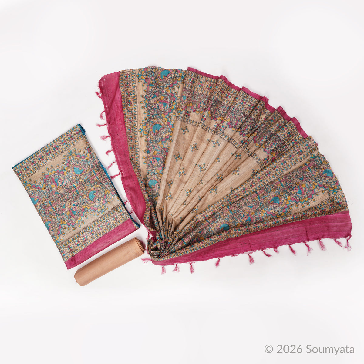 Beige & Magenta Madhubani Print Tussar Ghicha Silk Unstitched Suit