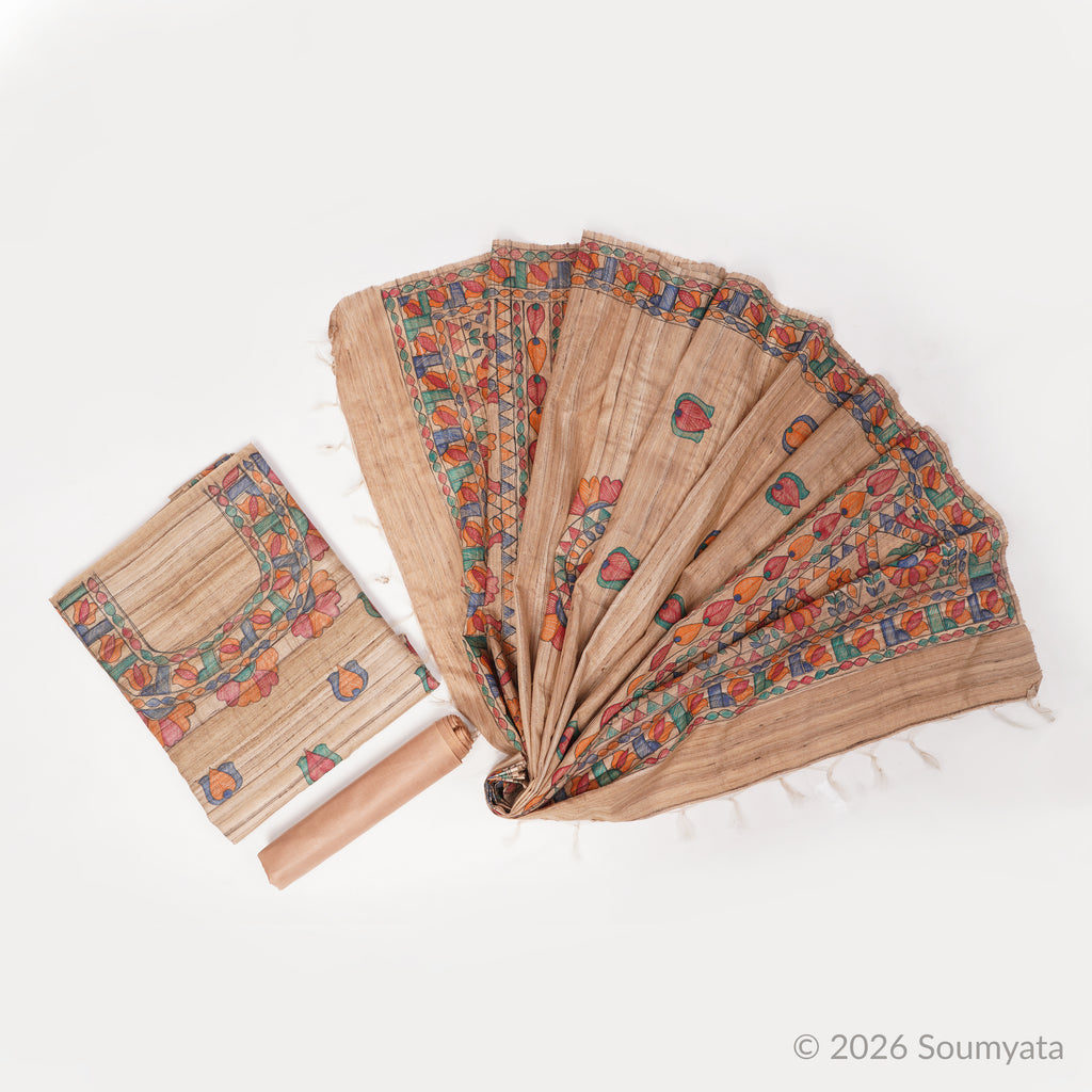 Beige & Multicolour Hand Painted Madhubani Tussar Ghicha Unstitched Suit
