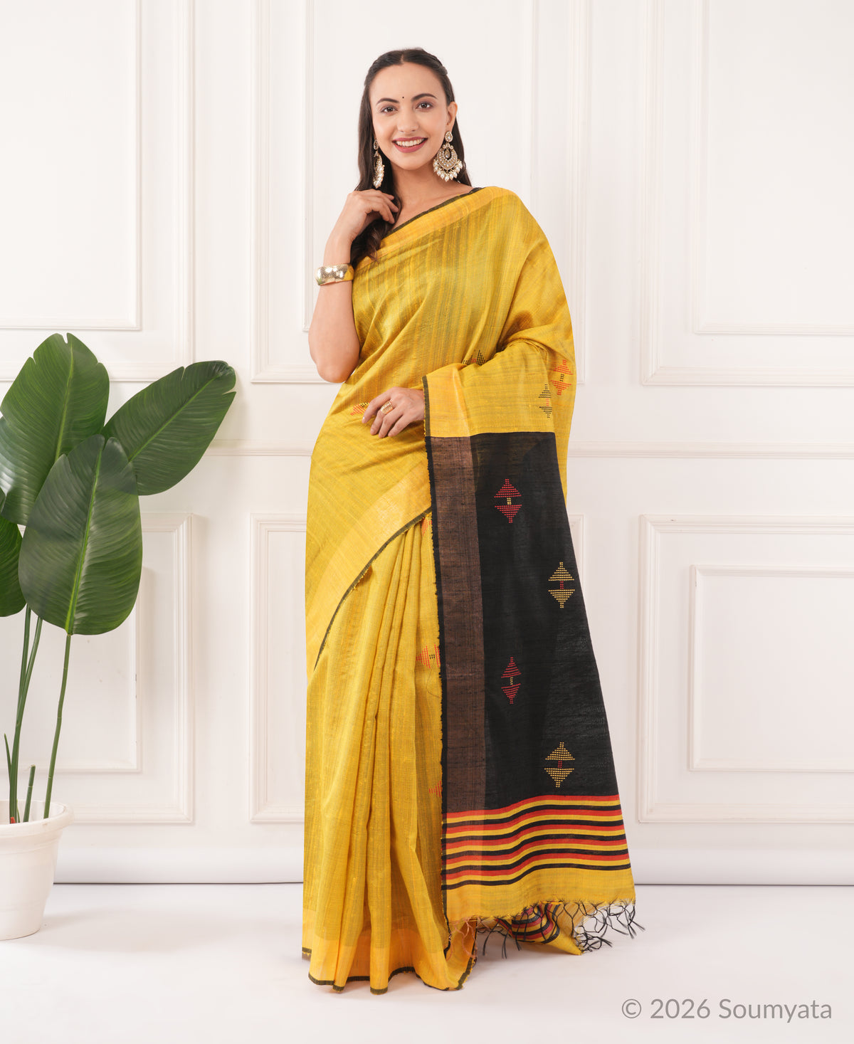 Turmeric Yellow Dupion Silk Saree with Black Pallu – Bhagalpuri Handloom