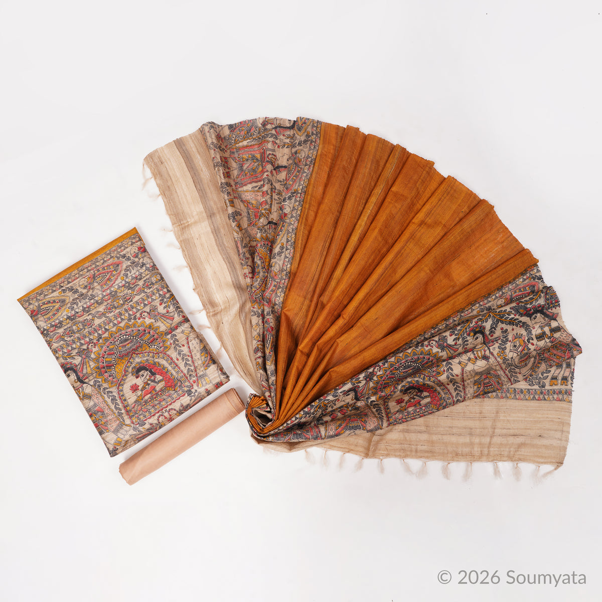 Marigold & Beige Madhubani Print Tussar Ghicha Silk Unstitched Suit