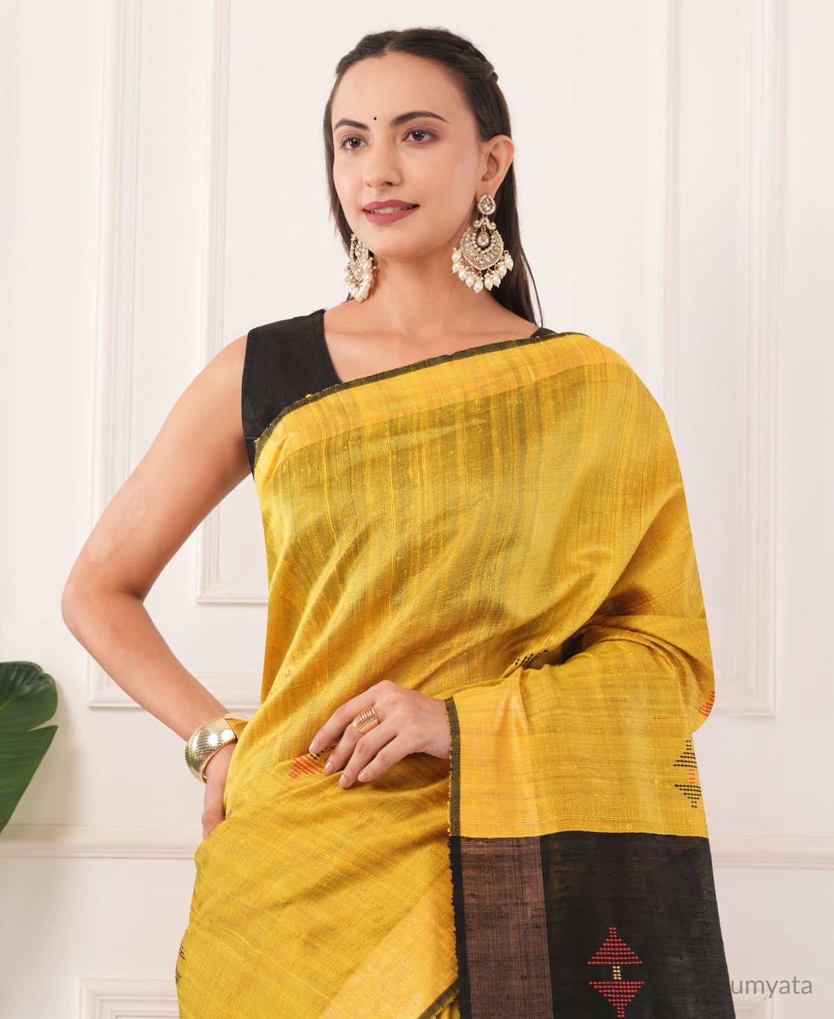 Turmeric Yellow Dupion Silk Saree with Black Pallu – Bhagalpuri Handloom