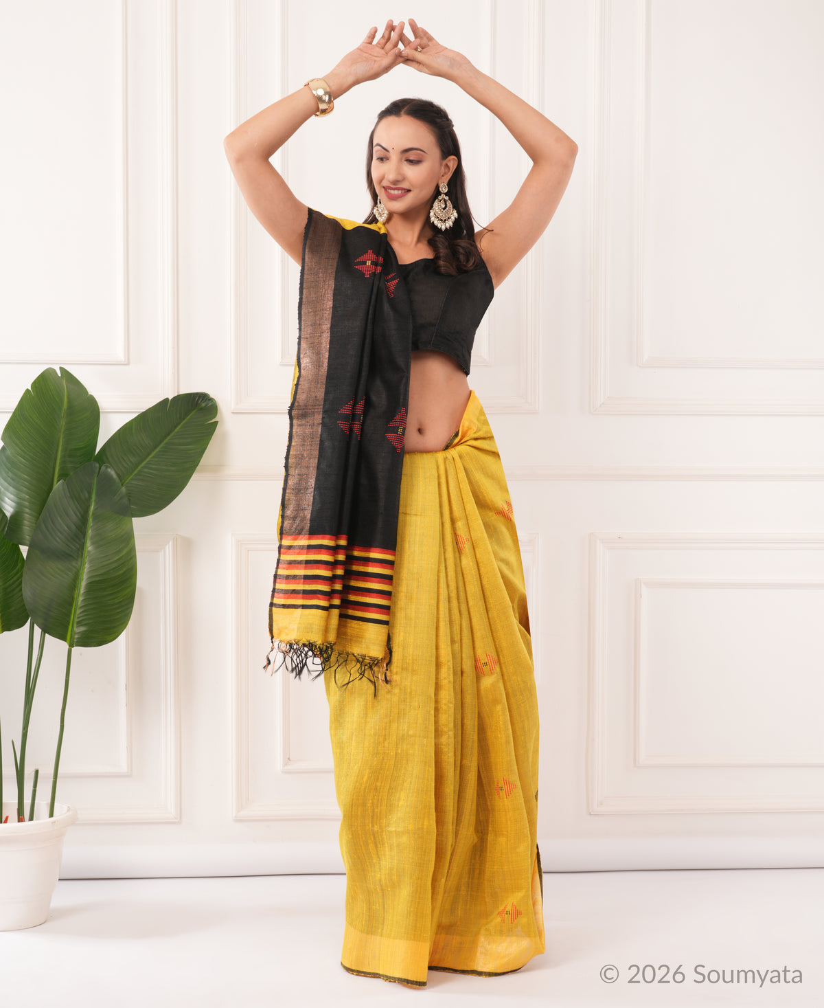 Turmeric Yellow Dupion Silk Saree with Black Pallu – Bhagalpuri Handloom