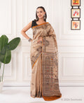Beige Warli Print Tussar Silk Saree with Mustard Border – Bhagalpuri
