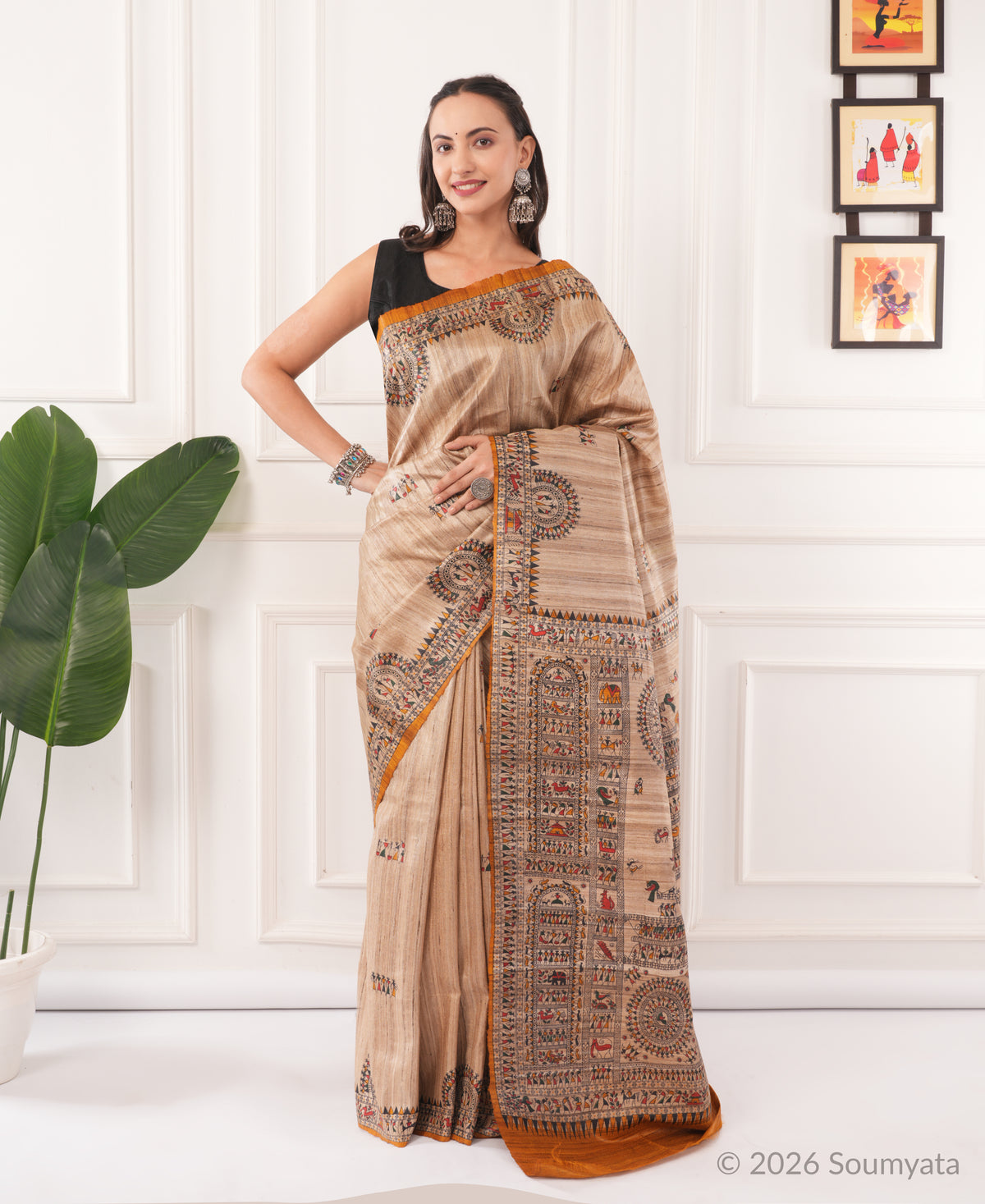 Beige Warli Print Tussar Silk Saree with Mustard Border – Bhagalpuri