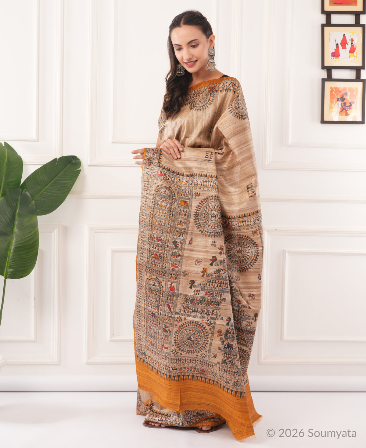 Beige Warli Print Tussar Silk Saree with Mustard Border – Bhagalpuri