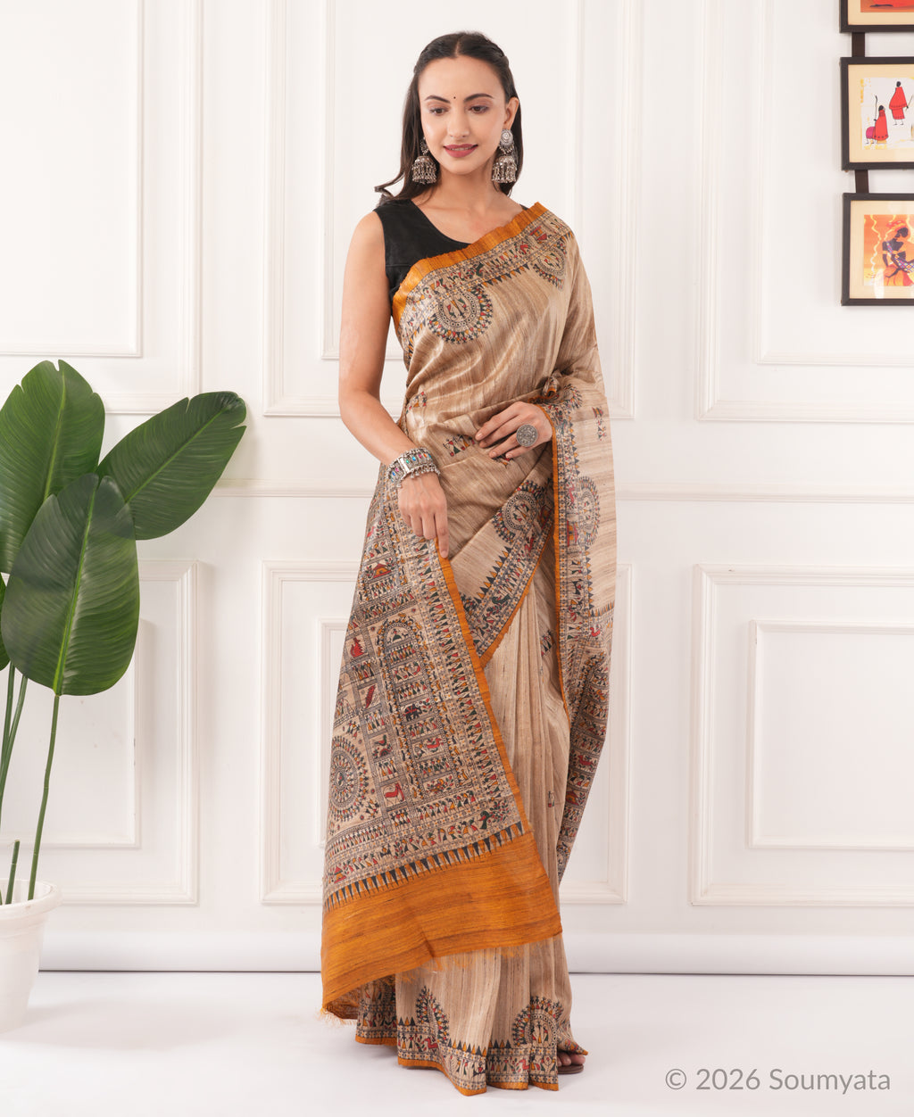 Beige Warli Print Tussar Silk Saree with Mustard Border – Bhagalpuri