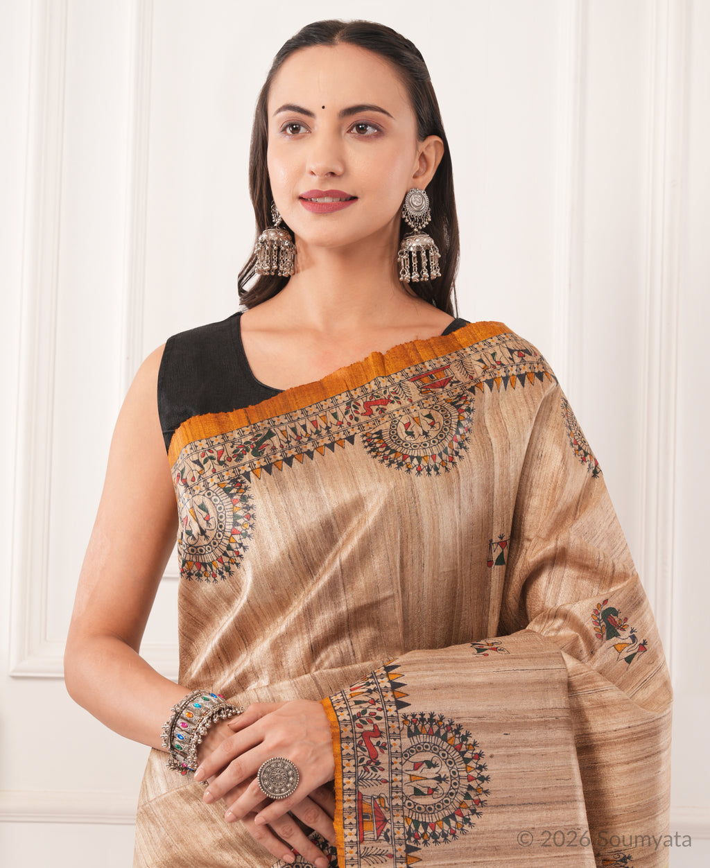 Beige Warli Print Tussar Silk Saree with Mustard Border – Bhagalpuri