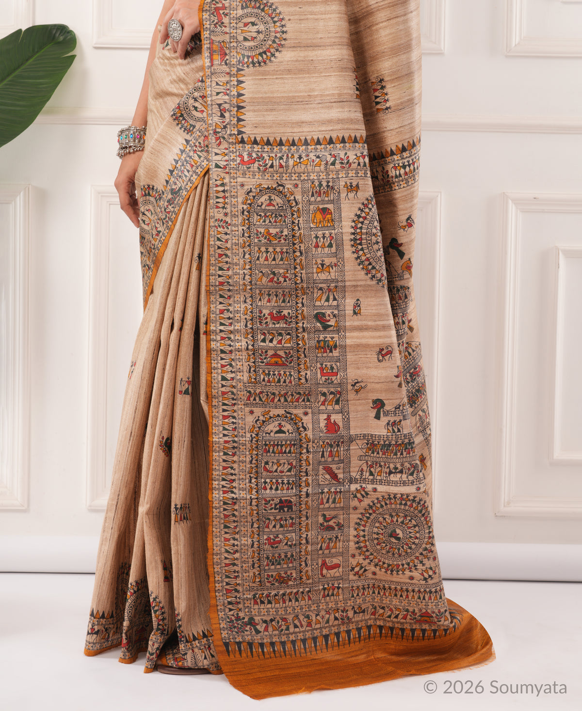 Beige Warli Print Tussar Silk Saree with Mustard Border – Bhagalpuri