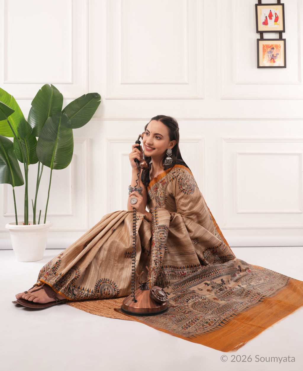 Beige Warli Print Tussar Silk Saree with Mustard Border – Bhagalpuri