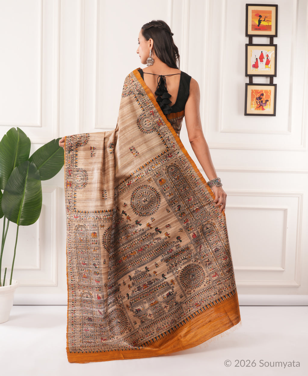 Beige Warli Print Tussar Silk Saree with Mustard Border – Bhagalpuri