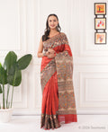 Coral Red Madhubani Print Tussar Silk Saree – Bhagalpuri Handloom