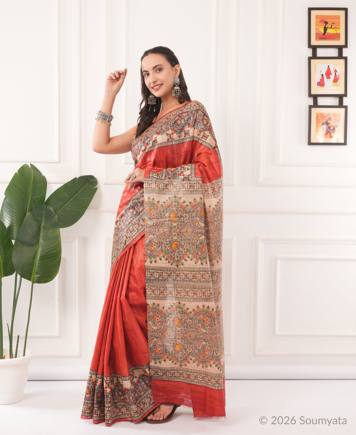 Coral Red Madhubani Print Tussar Silk Saree – Bhagalpuri Handloom