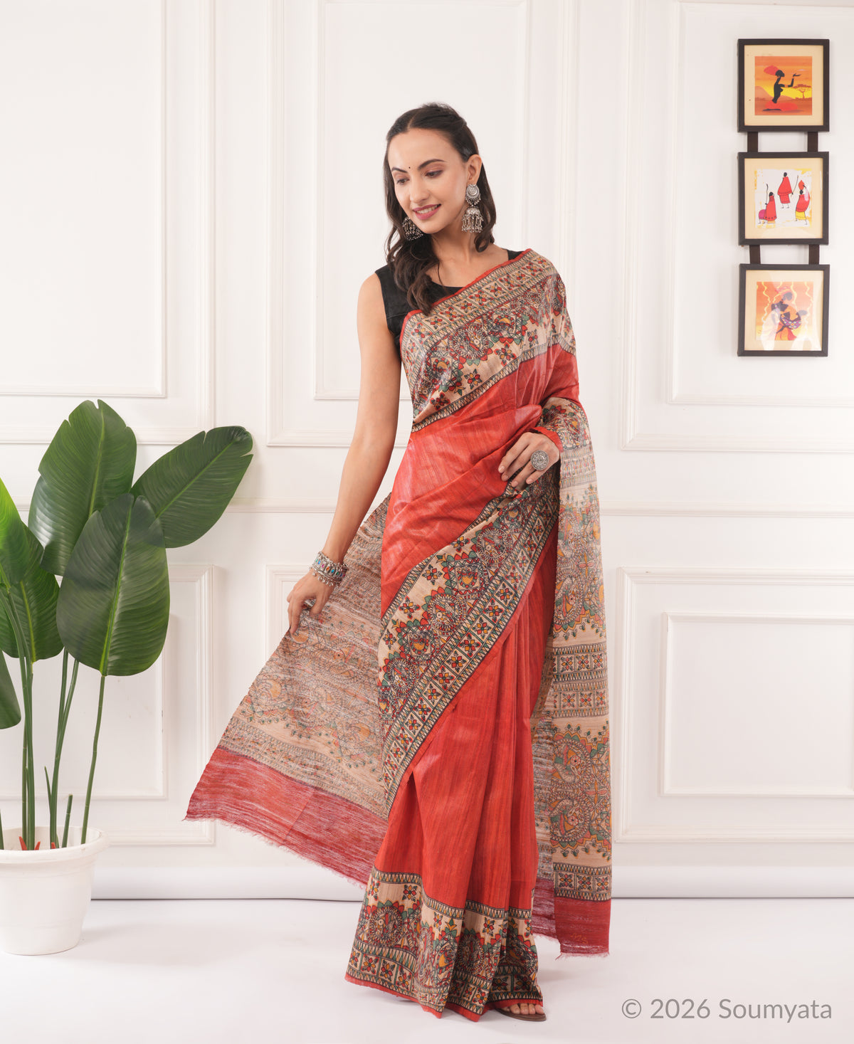 Coral Red Madhubani Print Tussar Silk Saree – Bhagalpuri Handloom