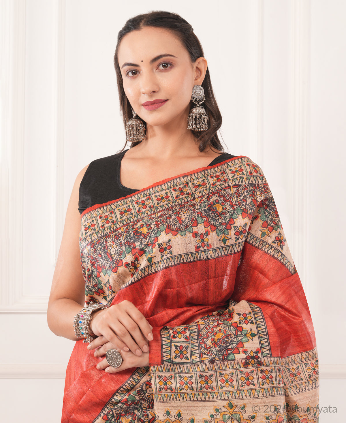 Coral Red Madhubani Print Tussar Silk Saree – Bhagalpuri Handloom