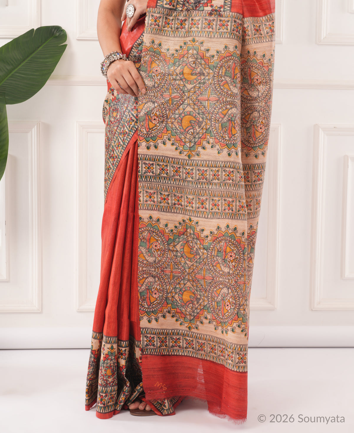 Coral Red Madhubani Print Tussar Silk Saree – Bhagalpuri Handloom