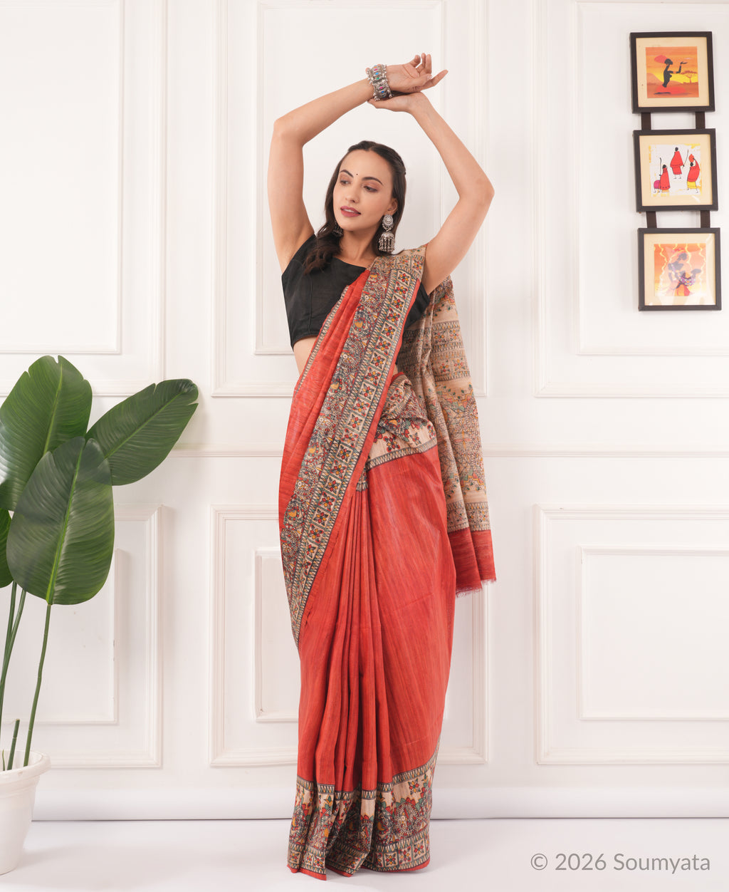 Coral Red Madhubani Print Tussar Silk Saree – Bhagalpuri Handloom