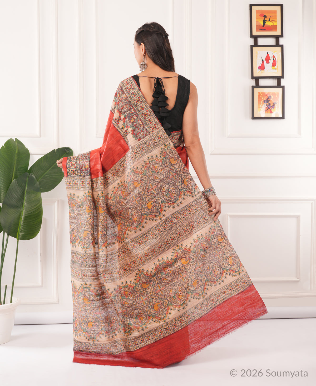 Coral Red Madhubani Print Tussar Silk Saree – Bhagalpuri Handloom