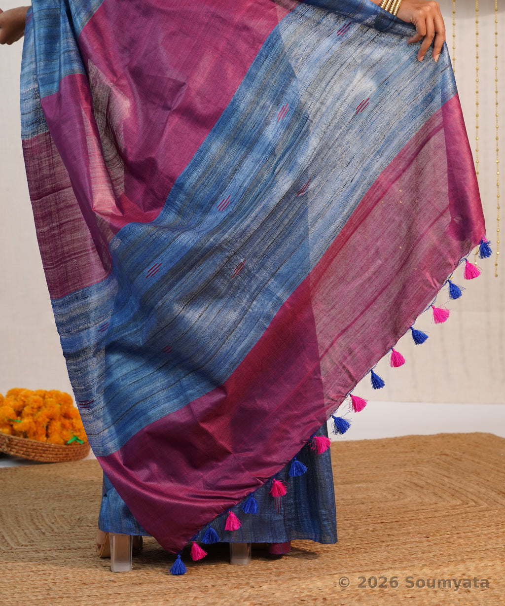 Denim Blue Tussar Ghicha Silk Saree with Magenta Pallu – Bhagalpuri Handloom