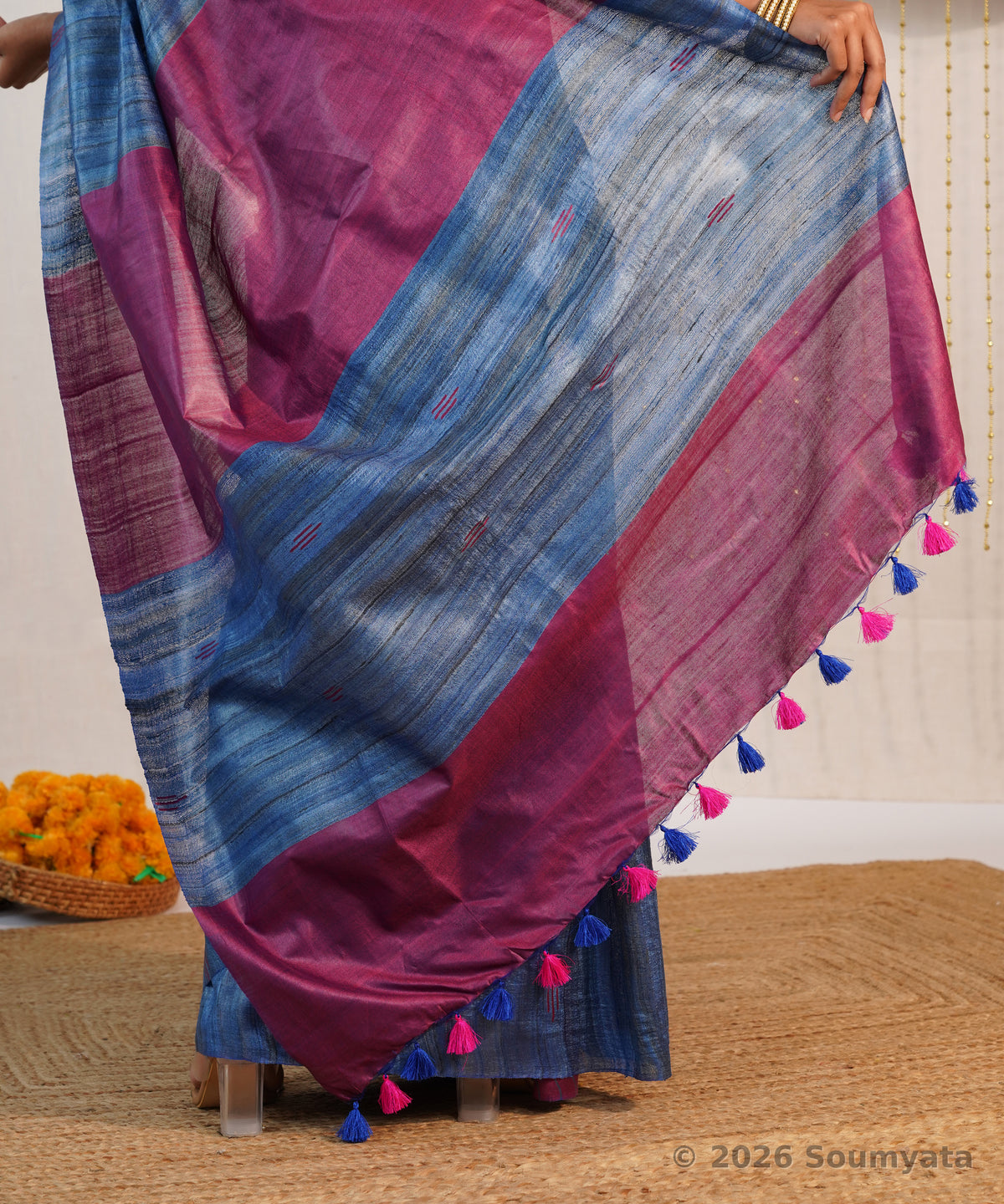 Denim Blue Tussar Ghicha Silk Saree with Magenta Pallu – Bhagalpuri Handloom