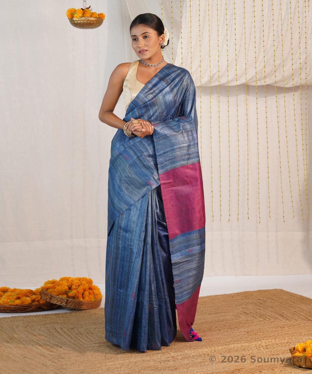 Denim Blue Tussar Ghicha Silk Saree with Magenta Pallu – Bhagalpuri Handloom