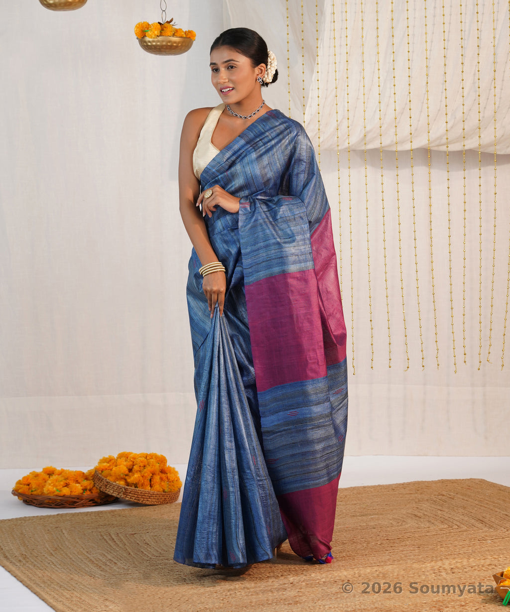 Denim Blue Tussar Ghicha Silk Saree with Magenta Pallu – Bhagalpuri Handloom