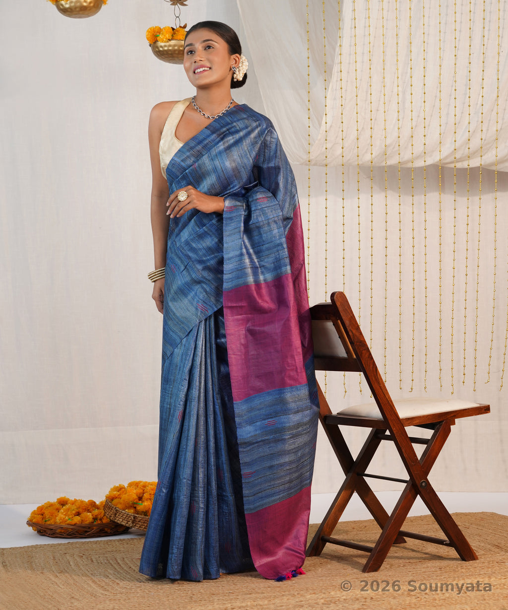 Denim Blue Tussar Ghicha Silk Saree with Magenta Pallu – Bhagalpuri Handloom
