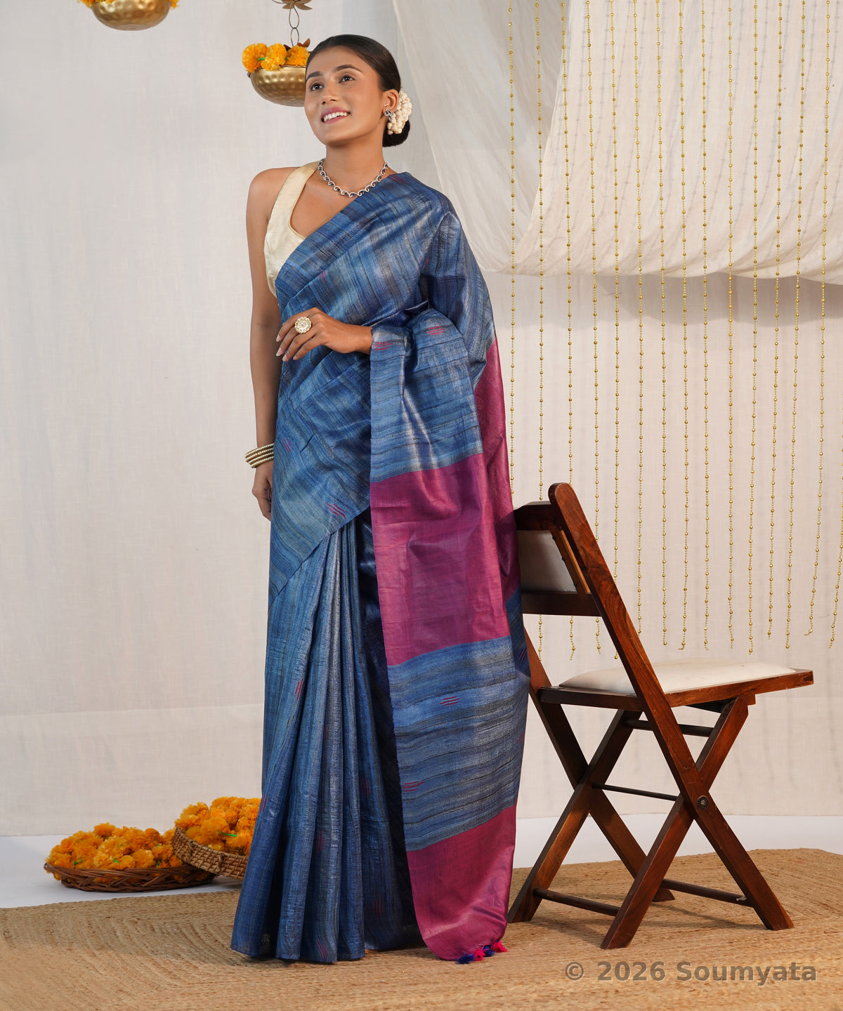 Denim Blue Tussar Ghicha Silk Saree with Magenta Pallu – Bhagalpuri Handloom