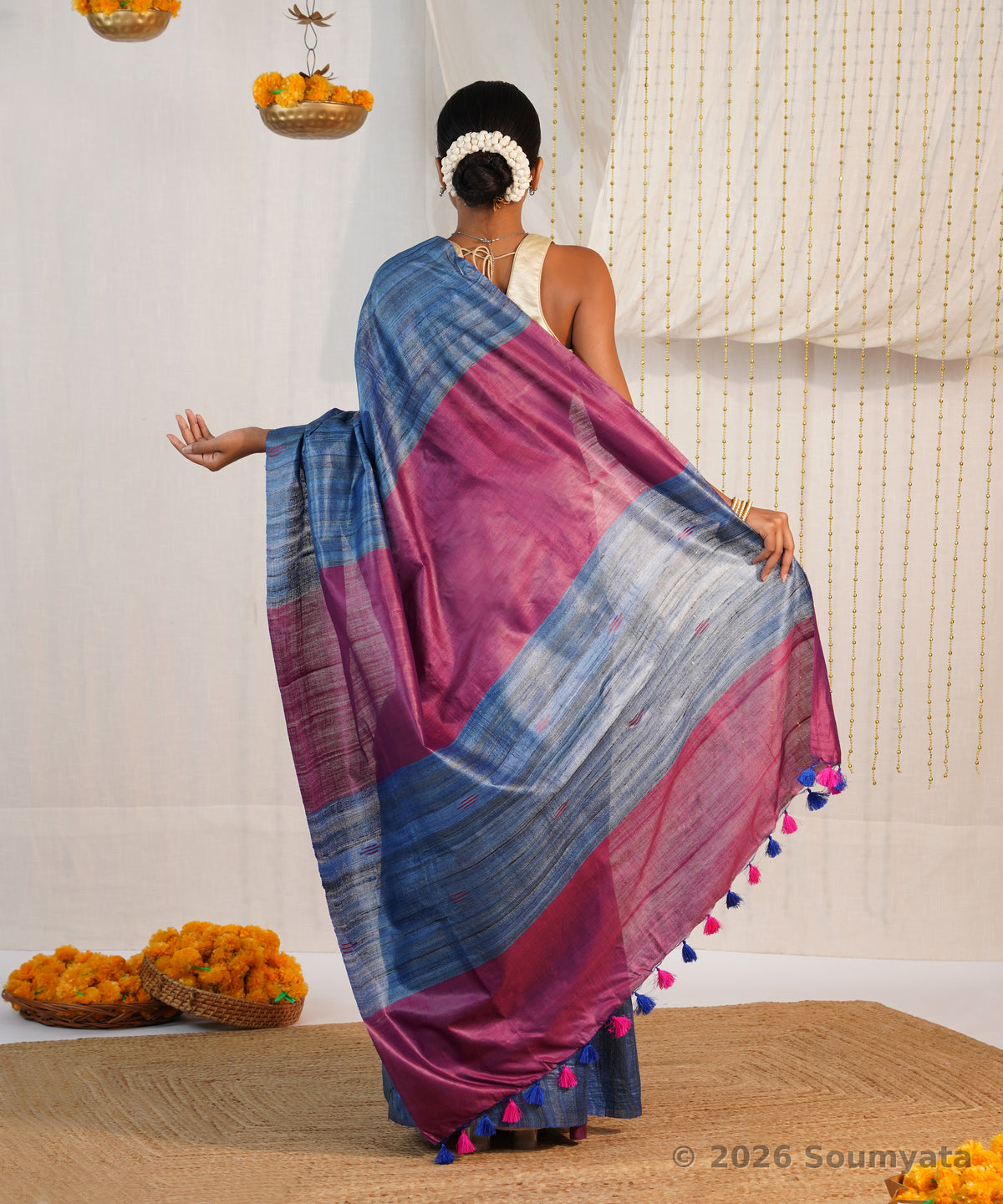 Denim Blue Tussar Ghicha Silk Saree with Magenta Pallu – Bhagalpuri Handloom