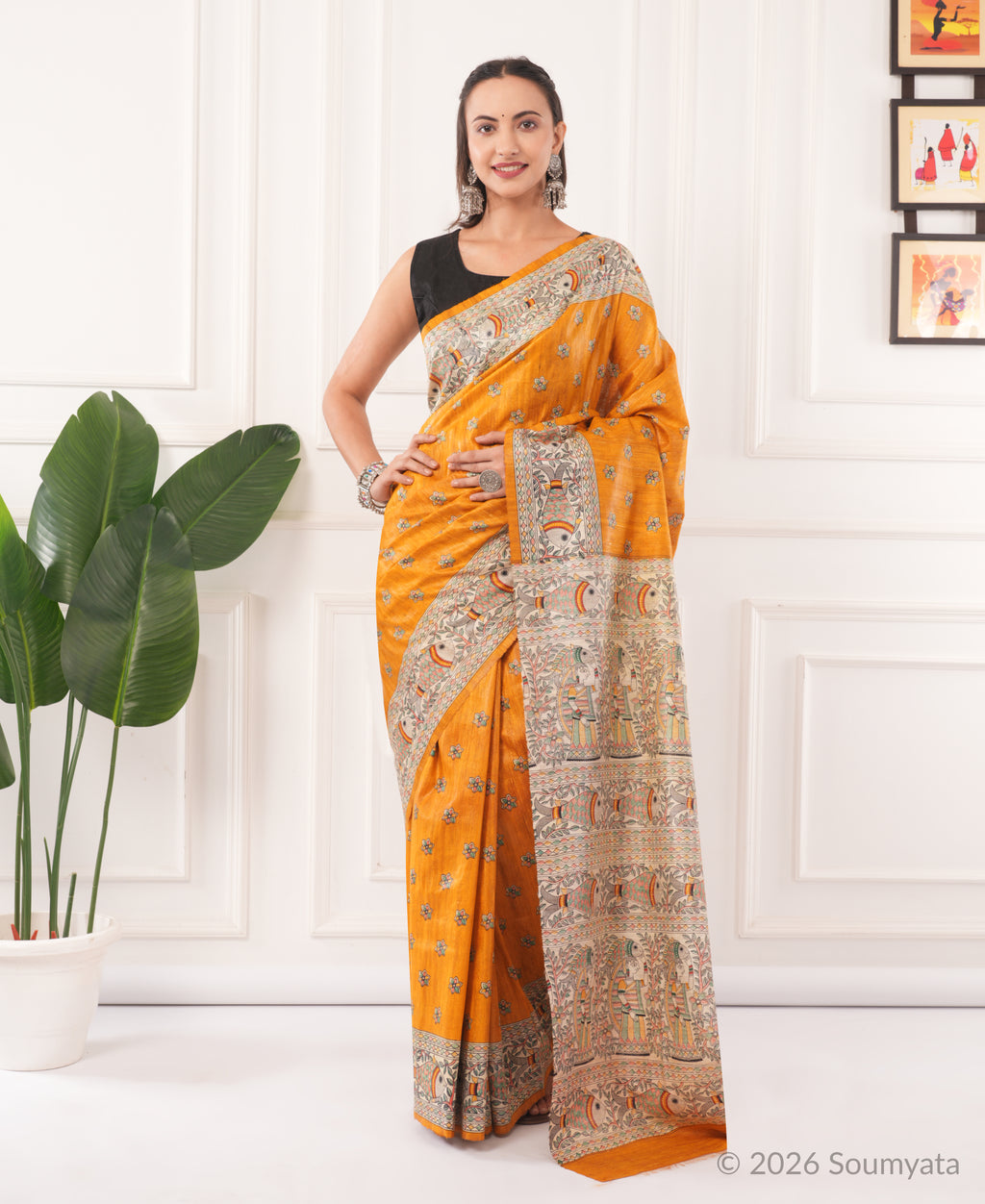 Saffron Madhubani Print Tussar Silk Saree with Fish Motif – Bhagalpuri