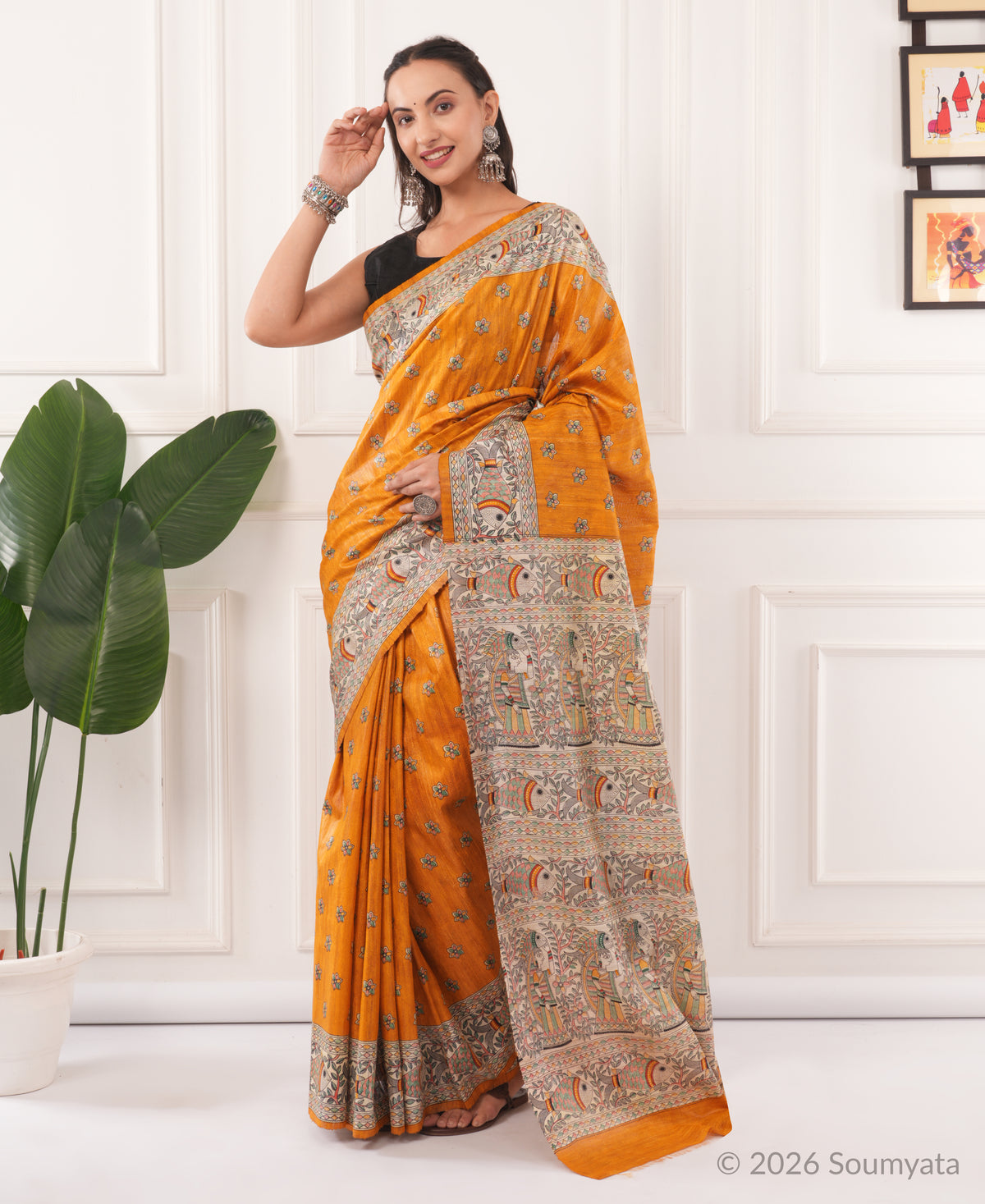 Saffron Madhubani Print Tussar Silk Saree with Fish Motif – Bhagalpuri