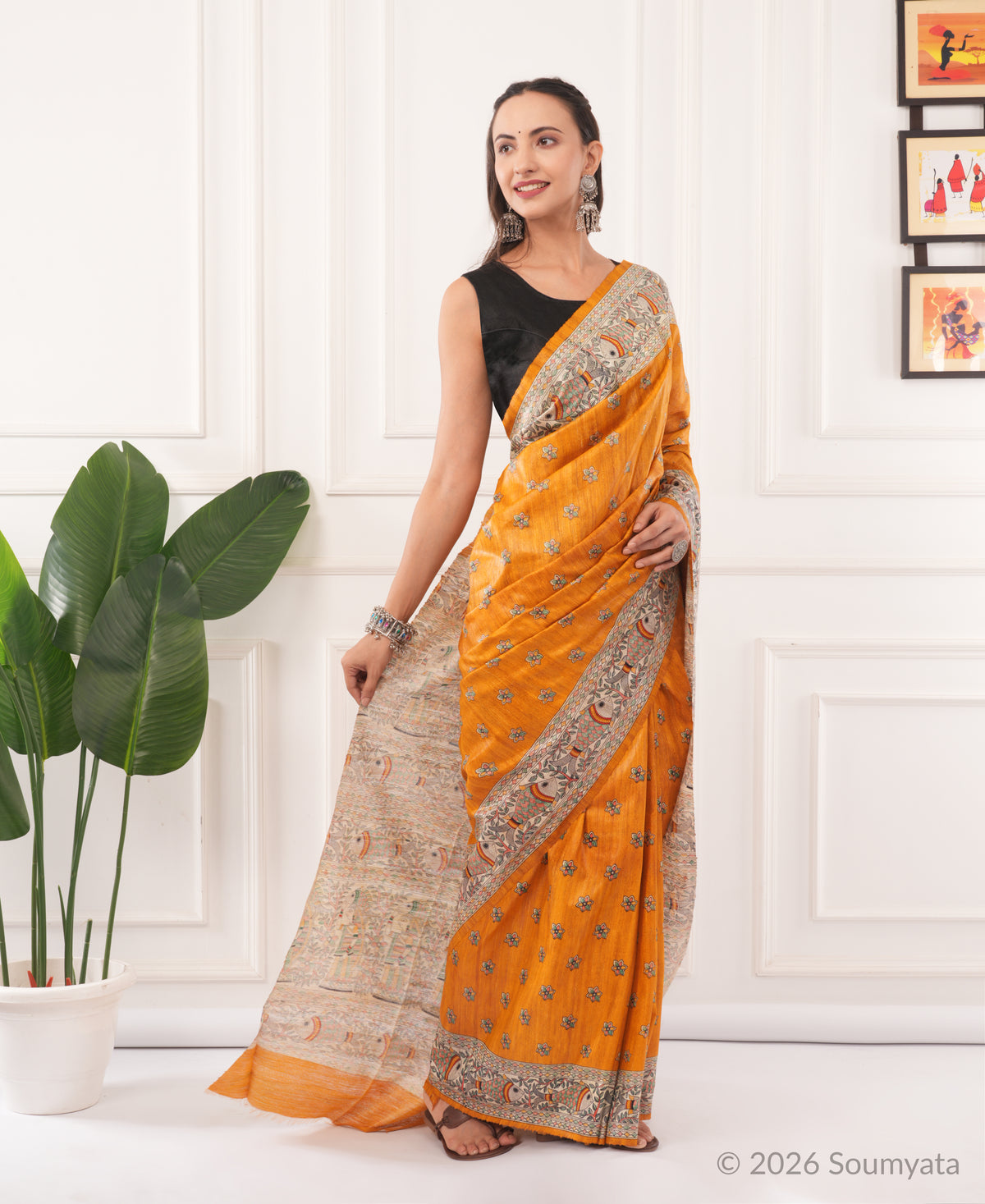 Saffron Madhubani Print Tussar Silk Saree with Fish Motif – Bhagalpuri